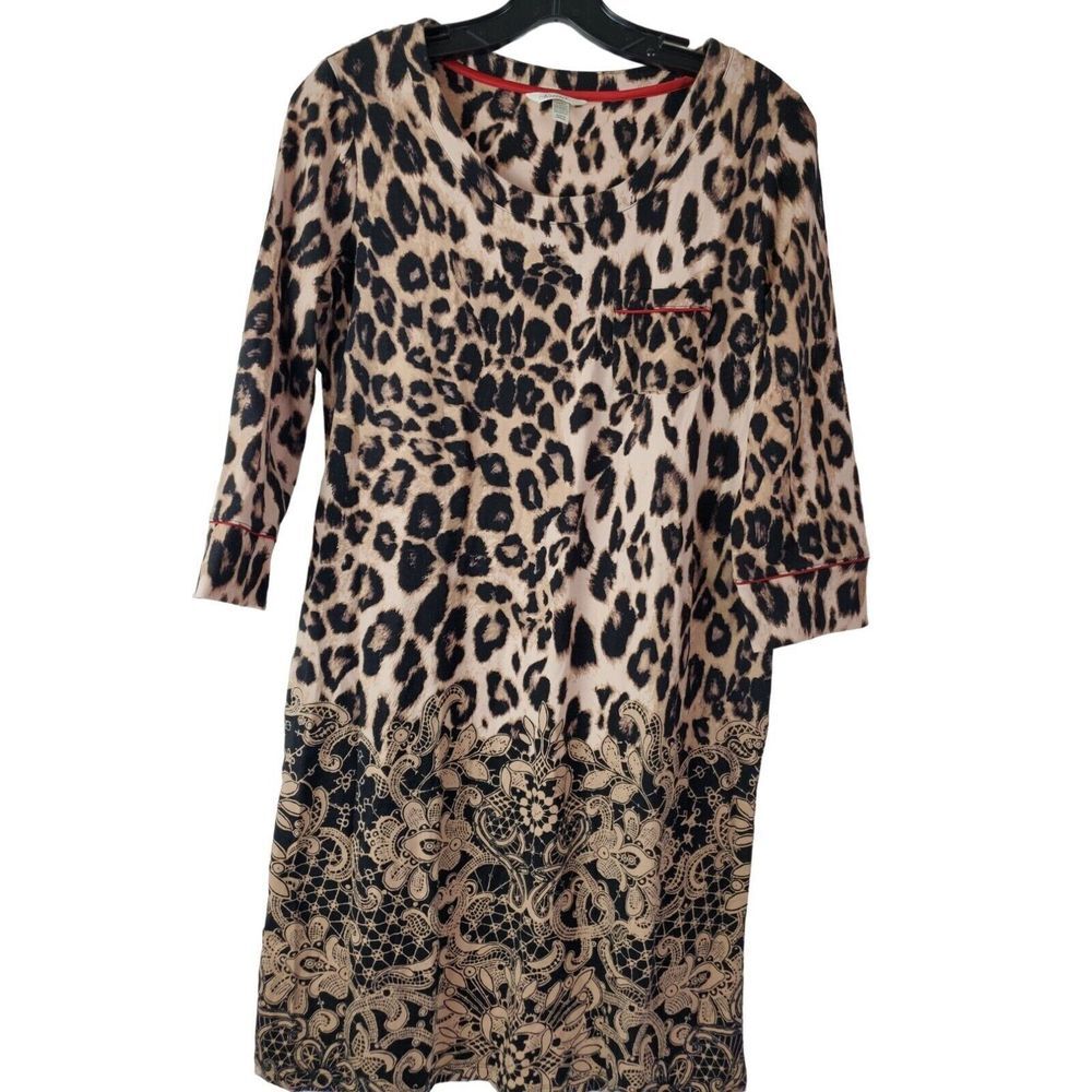 Soma Womens S Leopard Pajama Dress Long Sleeve Tan Black Sleep Gown